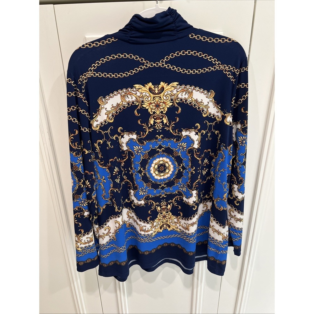 Susan Graver Size 1X Chain Print Liquid Knit Mock Neck Top Blue Gold Baroque - Picture 2 of 5